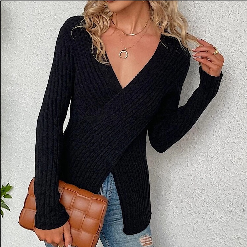 Black Knit Soft Sweater with Faux Wrap Look